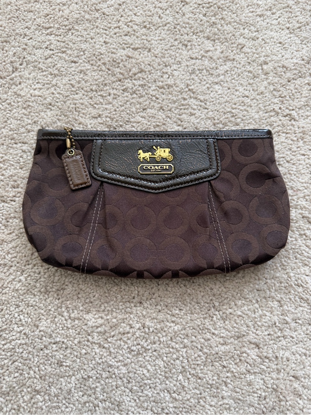 Coach Brown Signature Canvas Wristlet Clutch with Gold Logo